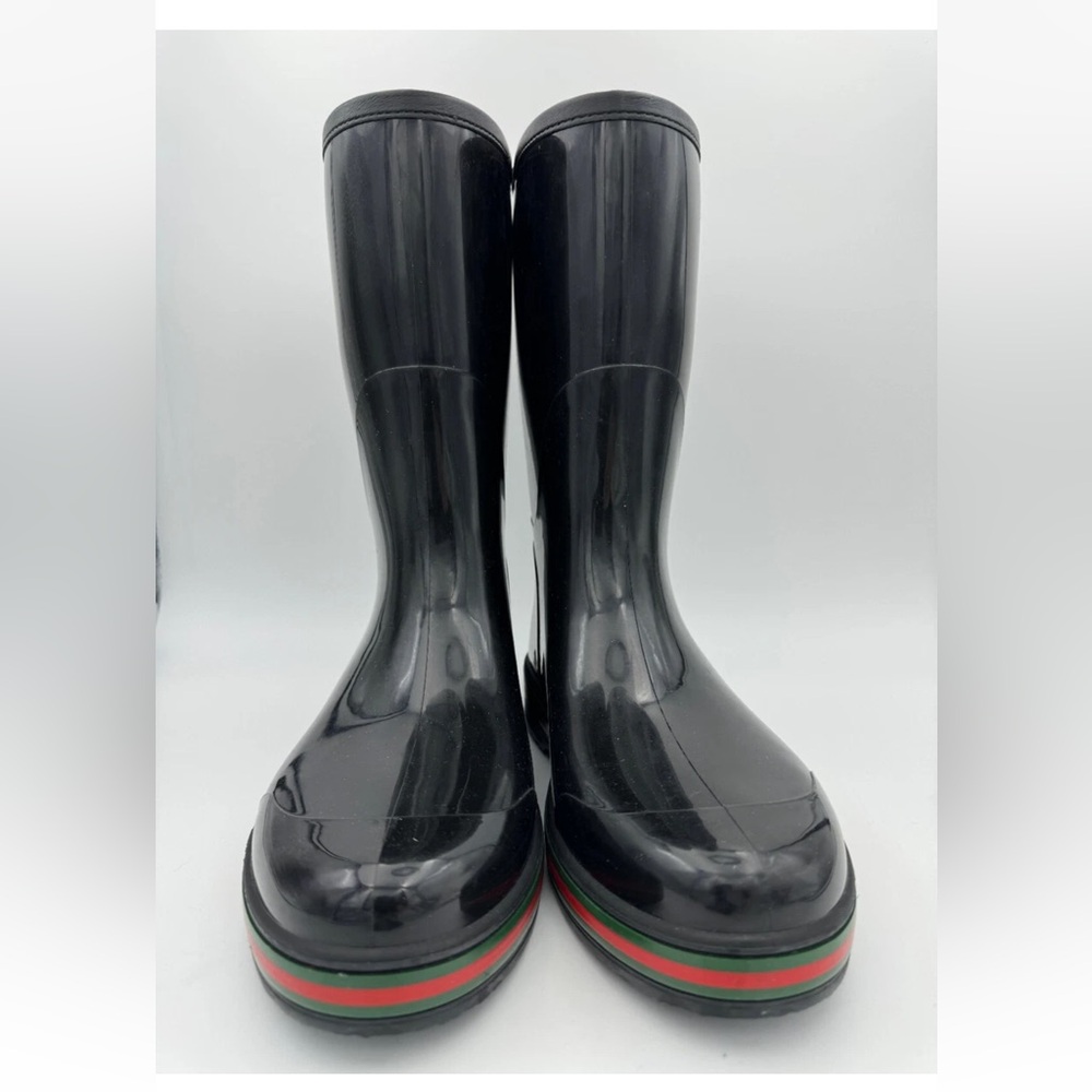 Gucci Black Rubber Unisex Rain Boots with Green and Red Stripes and GG logo